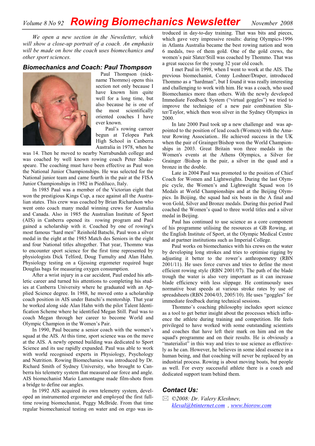 Volume 8 No 92 Rowing Biomechanics Newsletter November 2008