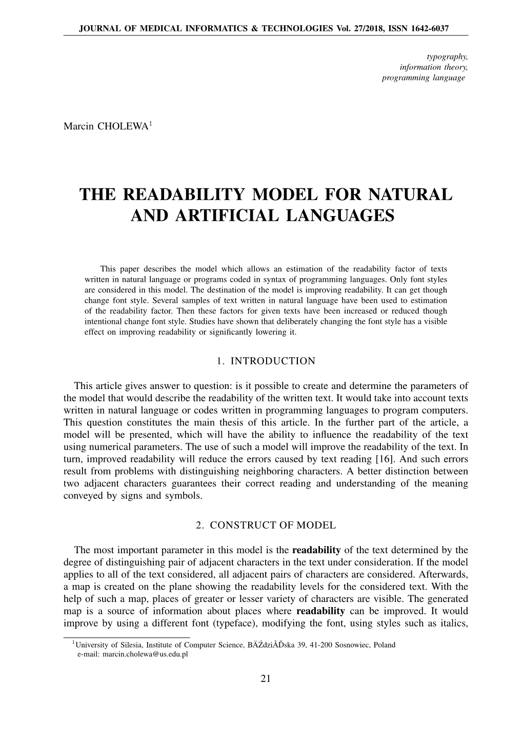 The Readability Model for Natural and Artificial Languages