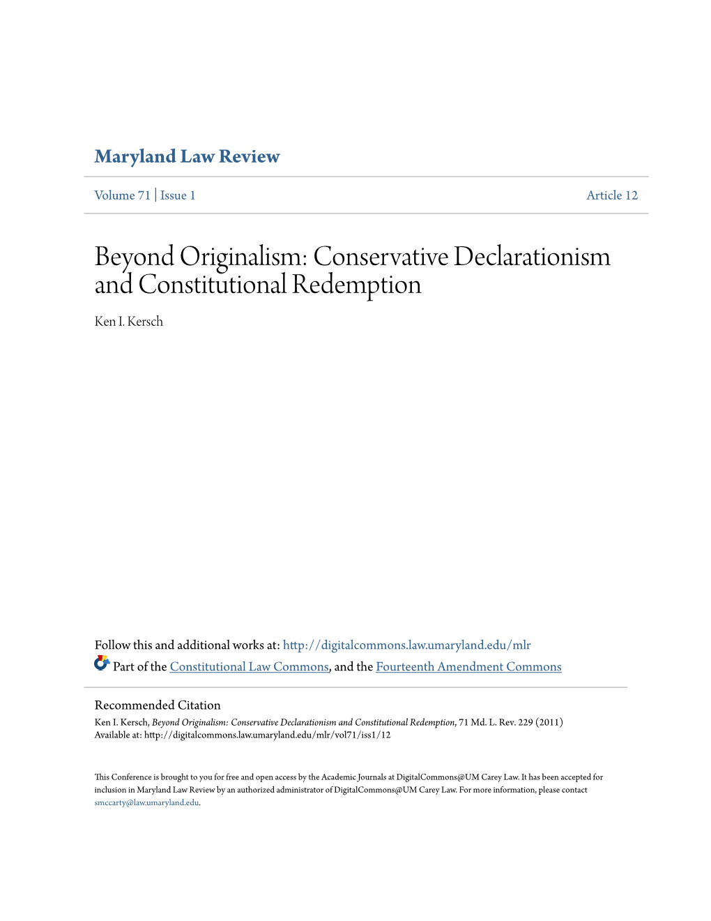 Beyond Originalism: Conservative Declarationism and Constitutional Redemption Ken I