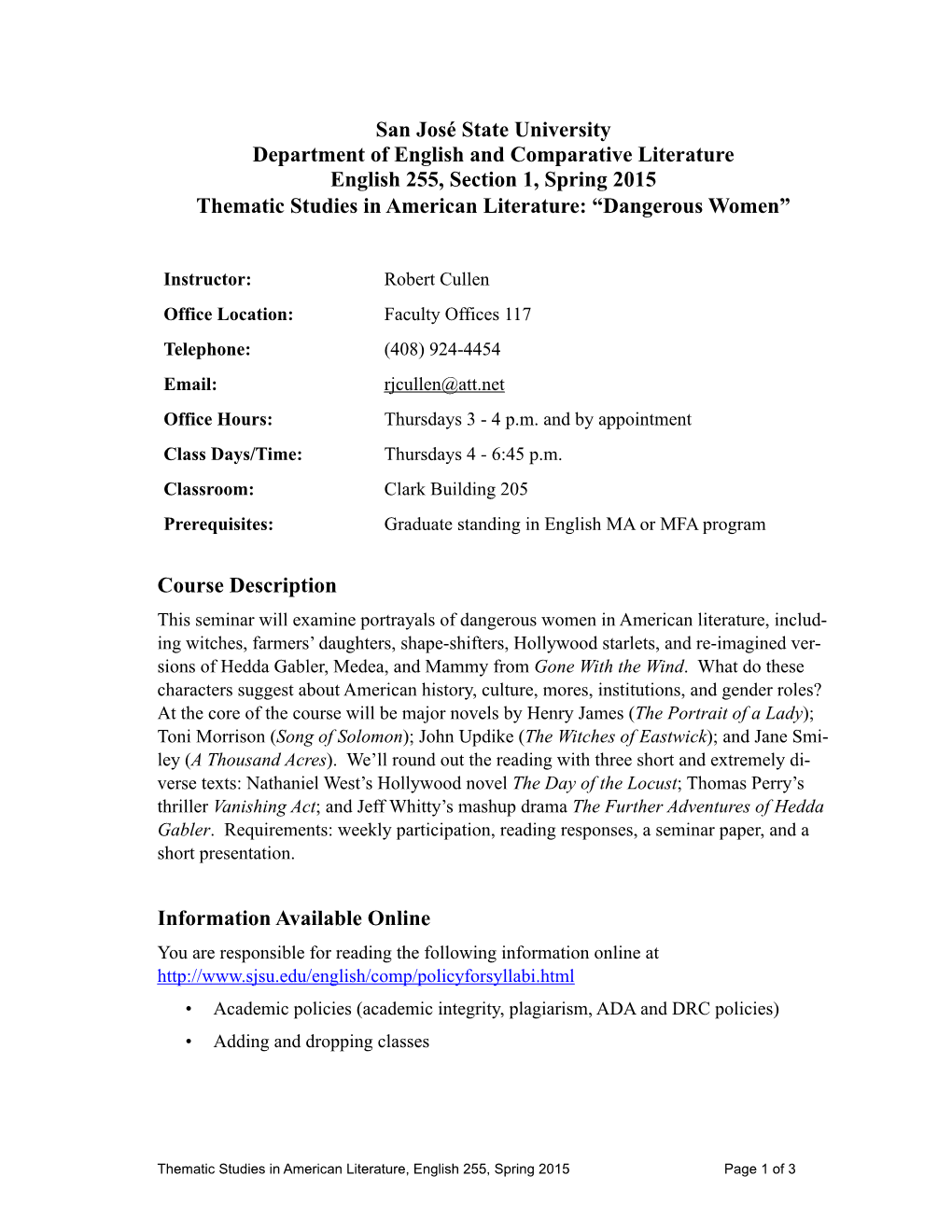 English 255 Syllabus Spring 2015