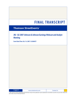 Q3 2007 Johnson & Johnson Earnings Webcast and Analyst