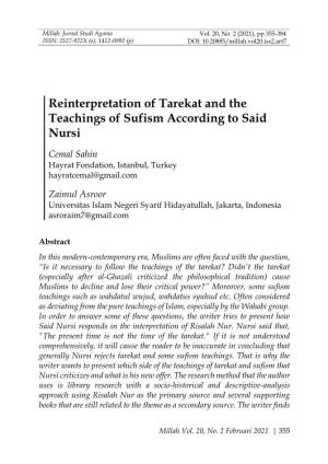 Reinterpretation of Tarekat and the Teachings of Sufism According to Said Nursi