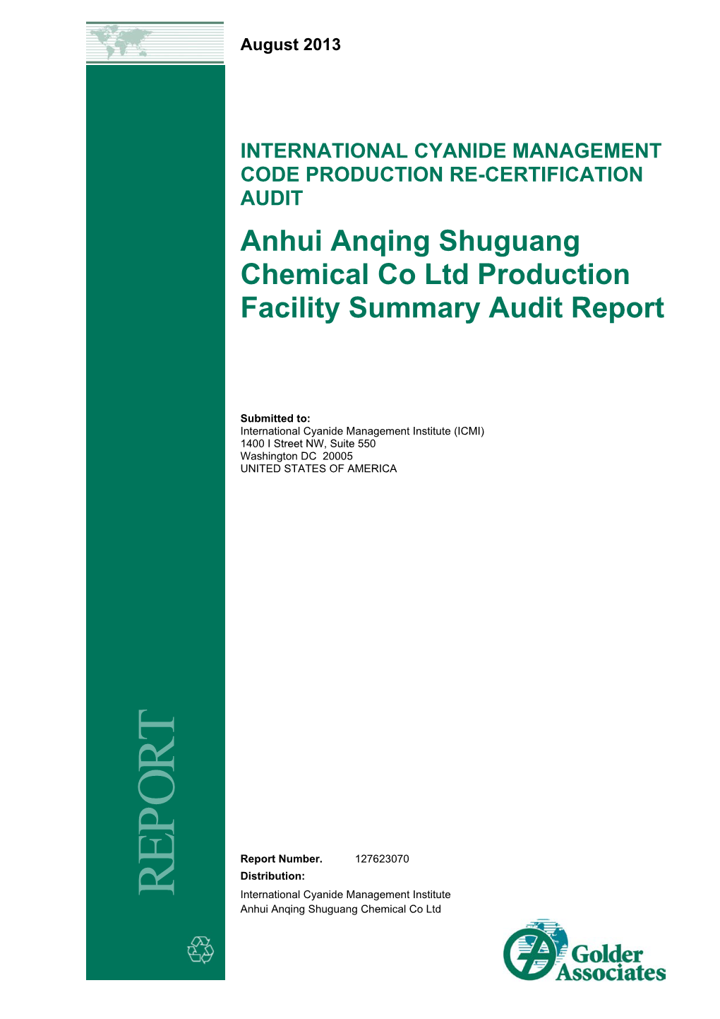 Anhui Anqing Shuguang Chemical Co Ltd Production Facility Summary Audit Report