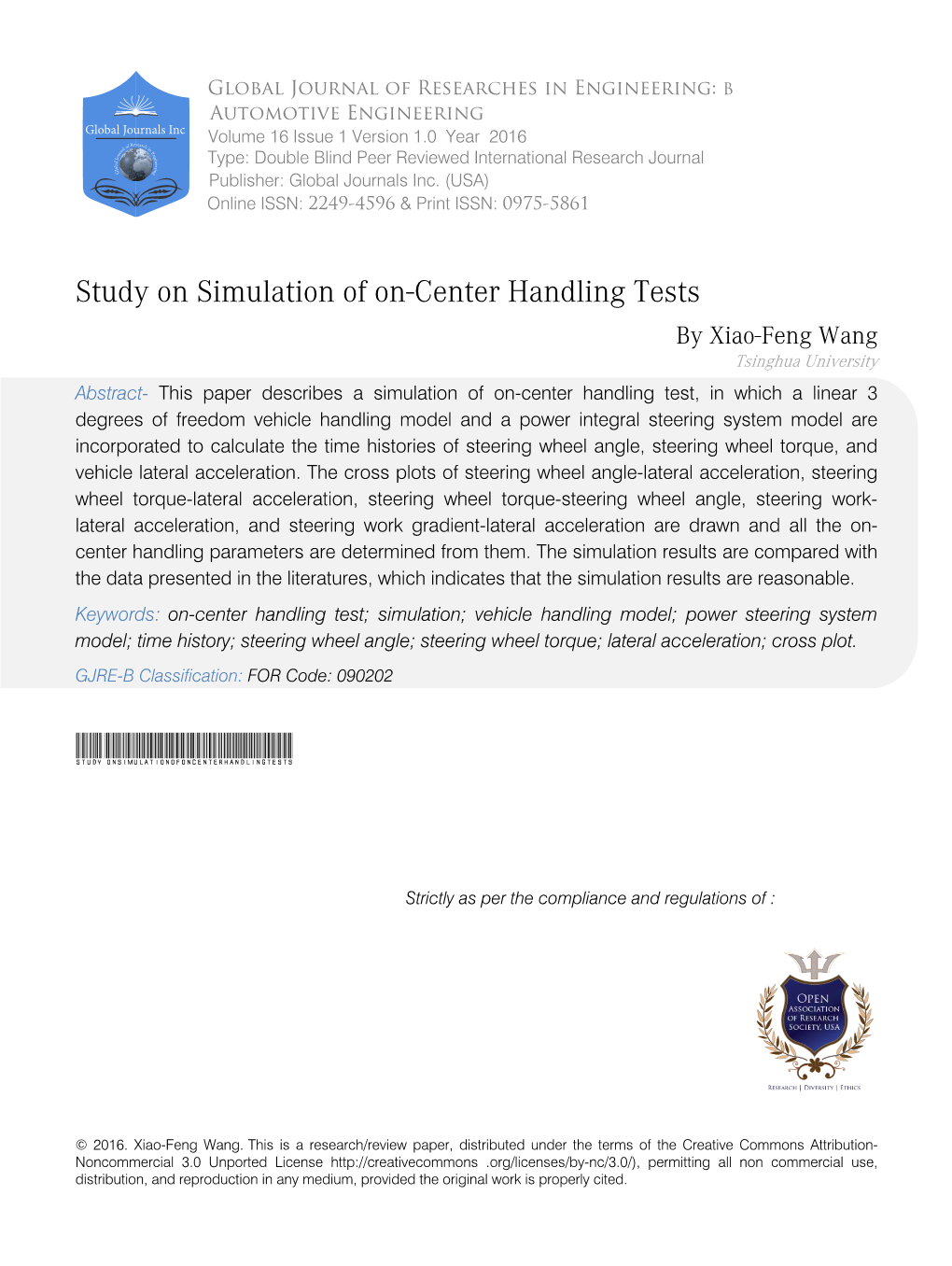 Study on Simulation of On-Center Handling Tests