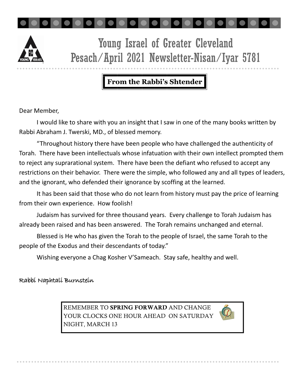 Young Israel of Greater Cleveland Pesach/April 2021 Newsletter-Nisan/Iyar 5781