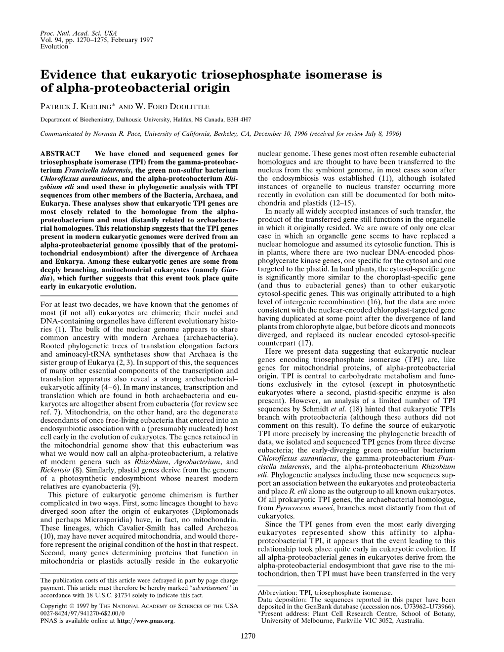 Evidence That Eukaryotic Triosephosphate Isomerase Is of Alpha-Proteobacterial Origin