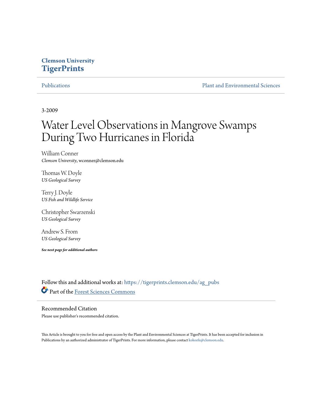 Water Level Observations in Mangrove Swamps During Two Hurricanes in Florida William Conner Clemson University, Wconner@Clemson.Edu