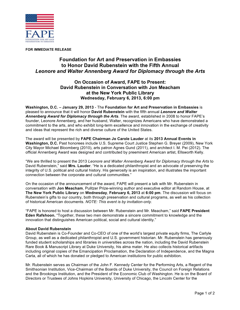 Foundation for Art and Preservation in Embassies to Honor David Rubenstein with the Fifth Annual Leonore and Walter Annenberg Award for Diplomacy Through the Arts