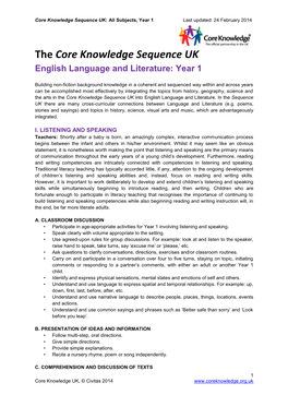 The Core Knowledge Sequence UK English Language and Literature: Year 1