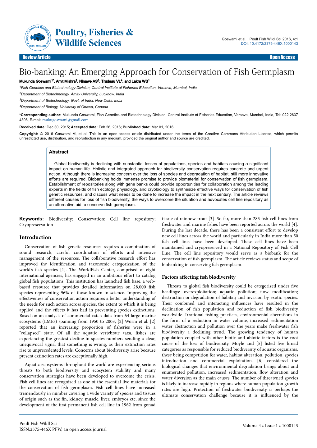 Bio-Banking: an Emerging Approach for Conservation of Fish Germplasm