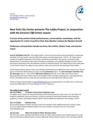 New York City Center Presents the Lobby Project, in Conjunction with the Encores! Off-Center Season
