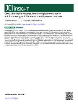 CD122 Blockade Restores Immunological Tolerance in Autoimmune Type 1 Diabetes Via Multiple Mechanisms