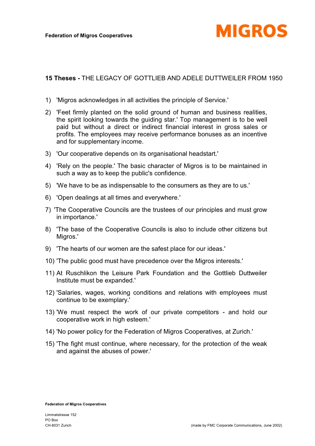 The 15 Theses of Gottlieb and Adele Duttweiler