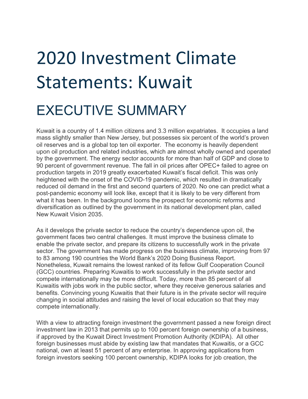 Investment Climate Statement 2020