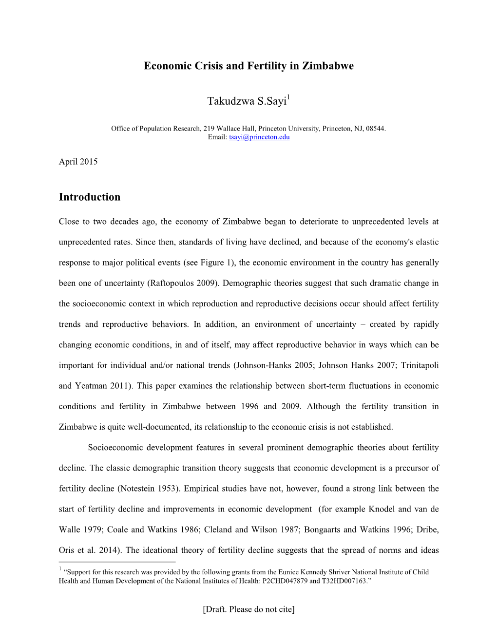 Economic Crisis and Fertility in Zimbabwe Takudzwa S.Sayi