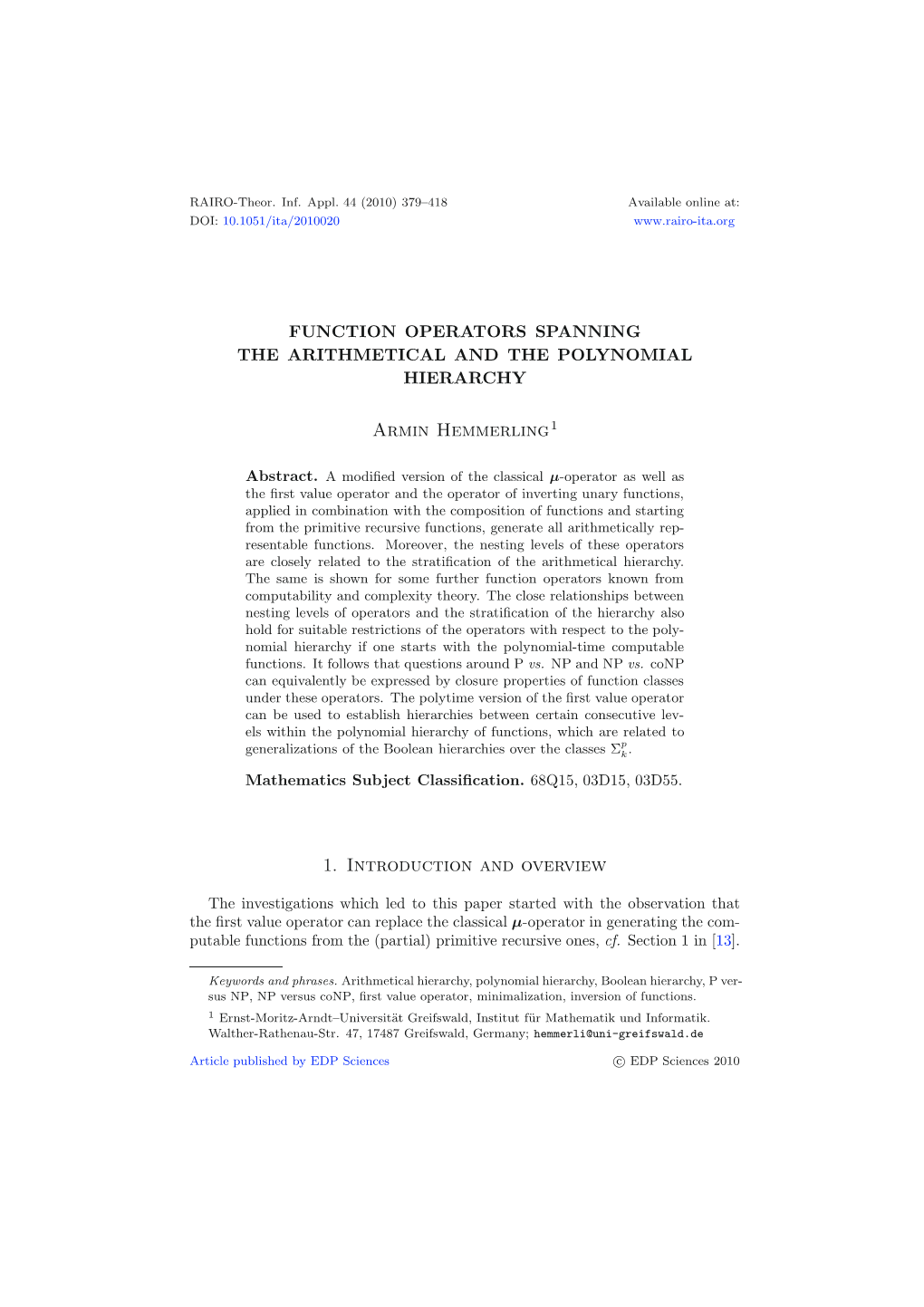 Function Operators Spanning the Arithmetical and the Polynomial Hierarchy