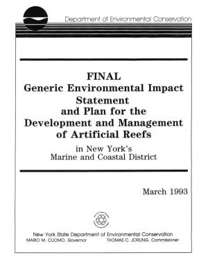 New York State Artificial Reef Plan and Generic Environmental Impact