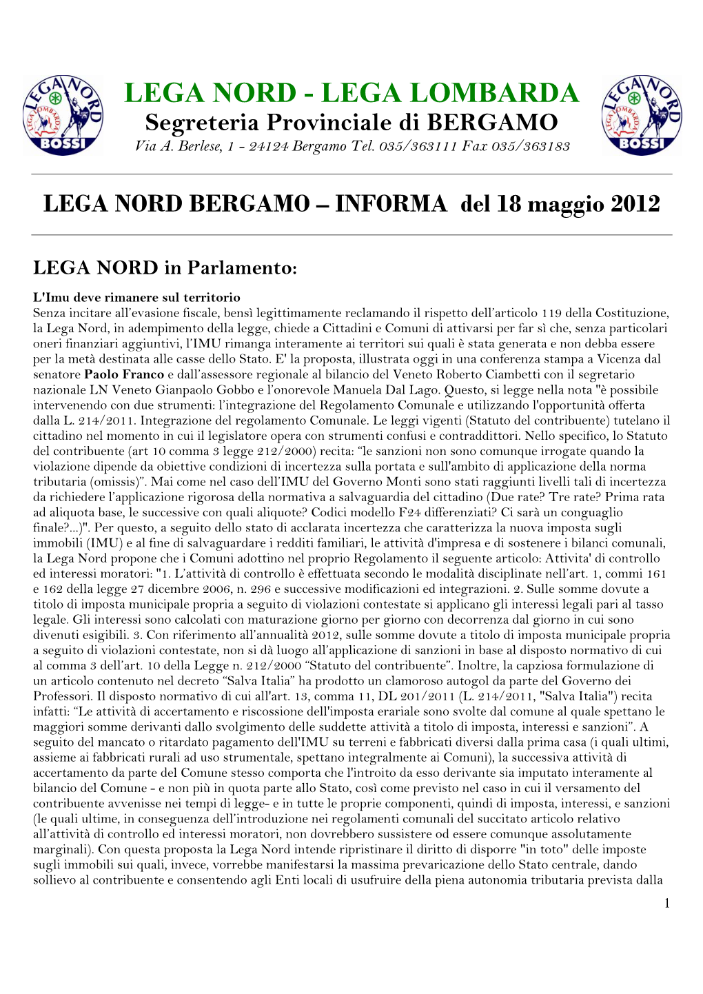 LEGA LOMBARDA Segreteria Provinciale Di BERGAMO Via A