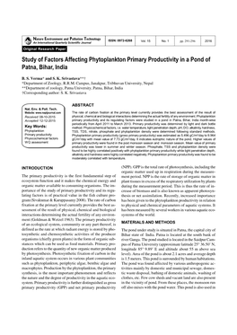 Study of Factors Affecting Phytoplankton Primary Productivity in a Pond of Patna, Bihar, India