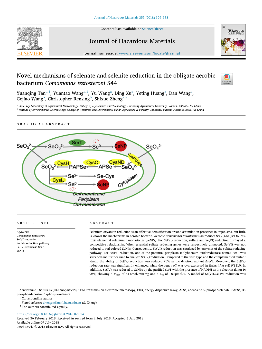 Novel Mechanisms of Selenate and Selenite Reduction in the Obligate Aerobic Bacterium Comamonas Testosteroni S44 T