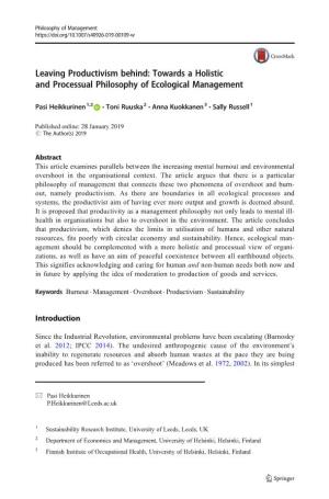 Leaving Productivism Behind: Towards a Holistic and Processual Philosophy of Ecological Management