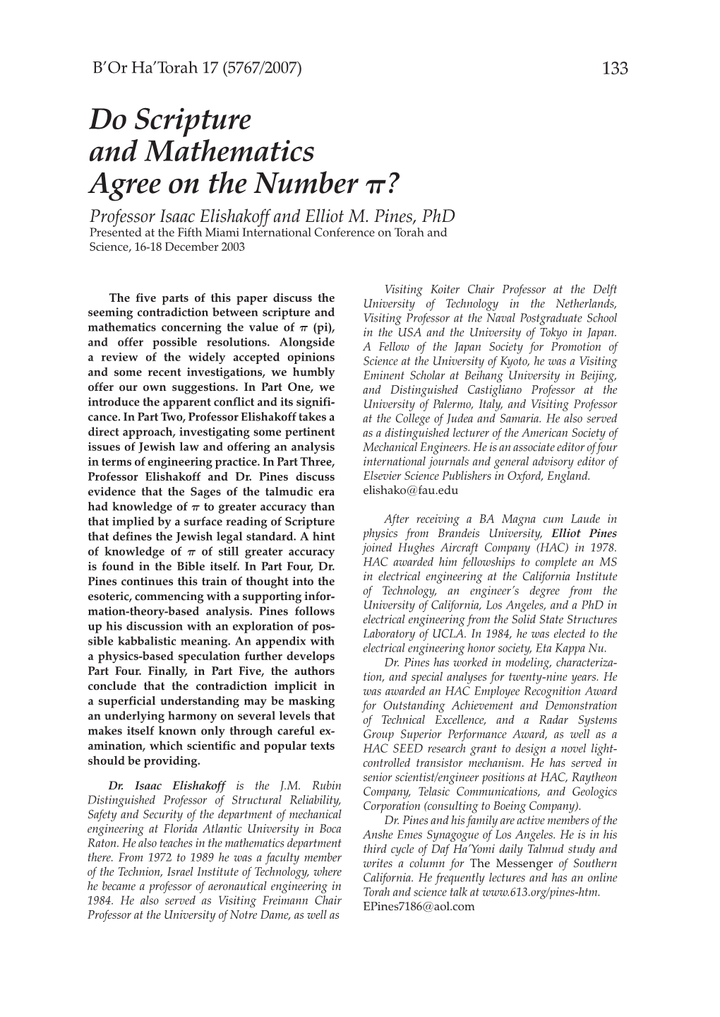 Do Scripture and Mathematics Agree on the Number Π? Professor Isaac Elishakoff and Elliot M