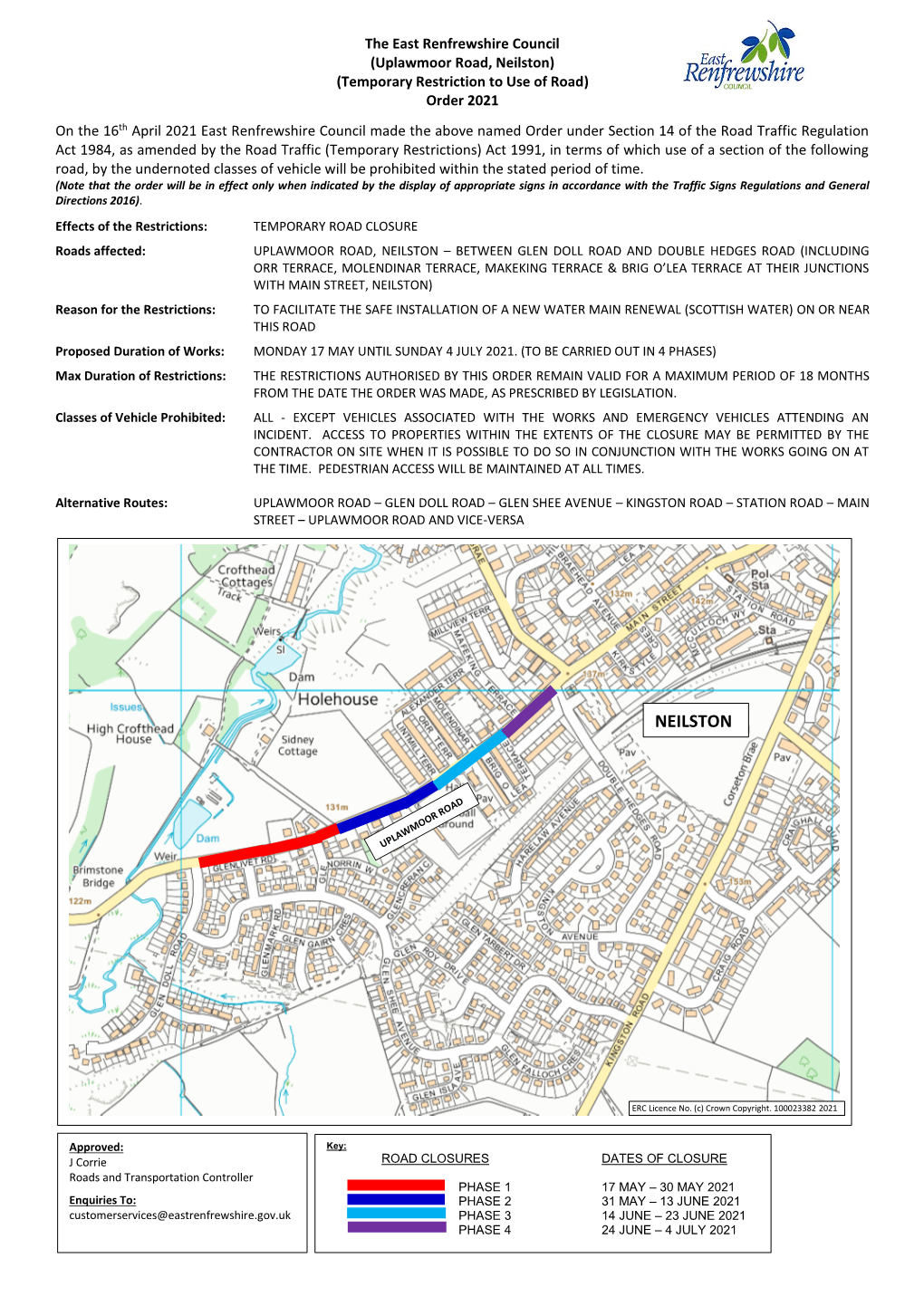 Neilston) (Temporary Restriction to Use of Road) Order 2021