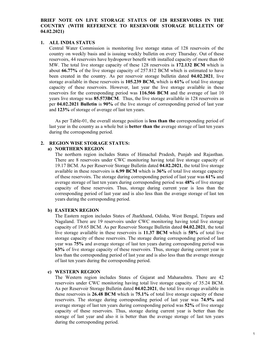 Brief Note on Live Storage Status of 128 Reservoirs in the Country (With Reference to Reservoir Storage Bulletin of 04.02.2021)