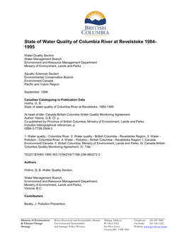 State of Water Quality of Columbia River at Revelstoke 1984- 1995