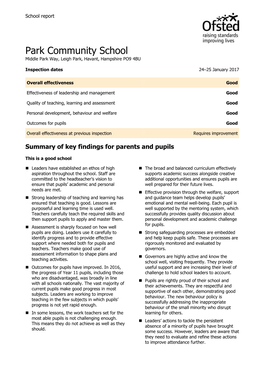 Park Community School Middle Park Way, Leigh Park, Havant, Hampshire PO9 4BU