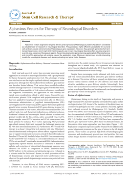 Alphavirus Vectors for Therapy of Neurological Disorders Kenneth Lundstrom* Pantherapeutics, Rue Des Remparts 4, CH1095 Lutry, Switzerland