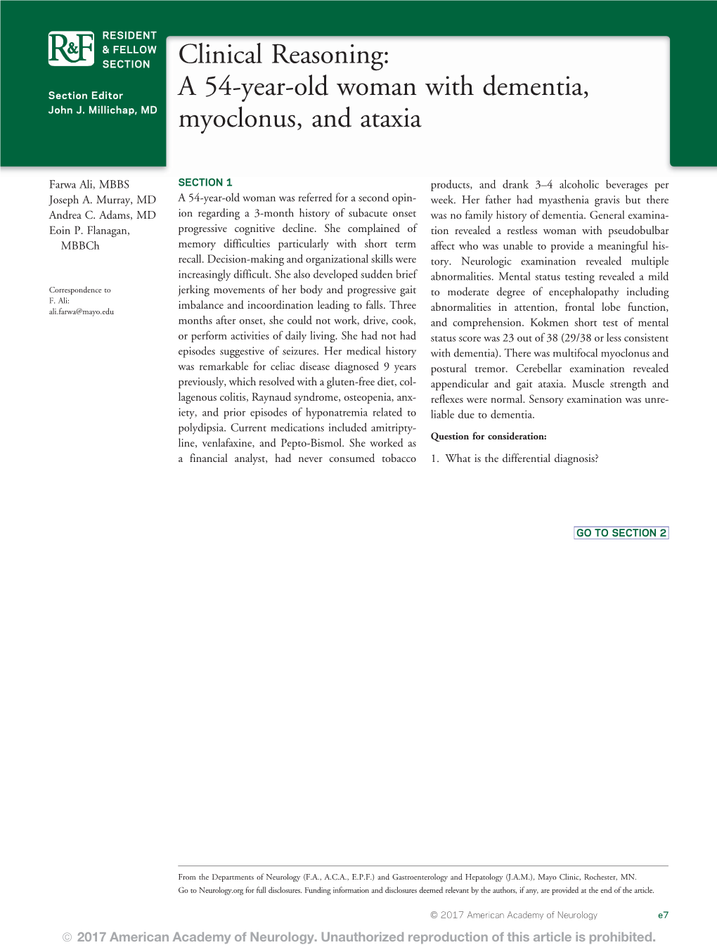 Clinical Reasoning: a 54-Year-Old Woman with Dementia, Myoclonus, and Ataxia Farwa Ali, Joseph A