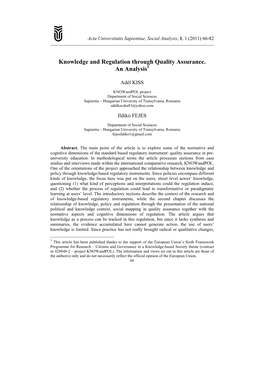 Knowledge and Regulation Through Quality Assurance. an Analysis1