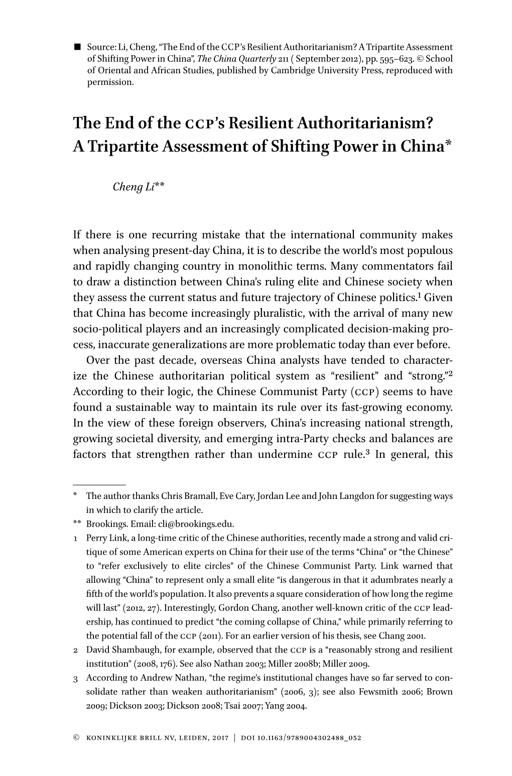 The End of the CCP's Resilient Authoritarianism? a Tripartite Assessment of Shifting Power in China