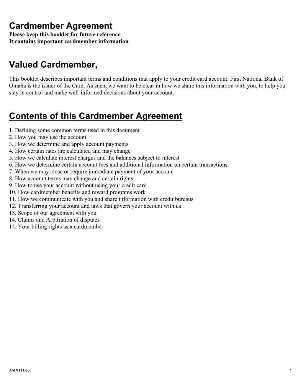 Cardmember Agreement Valued Cardmember, Contents of This