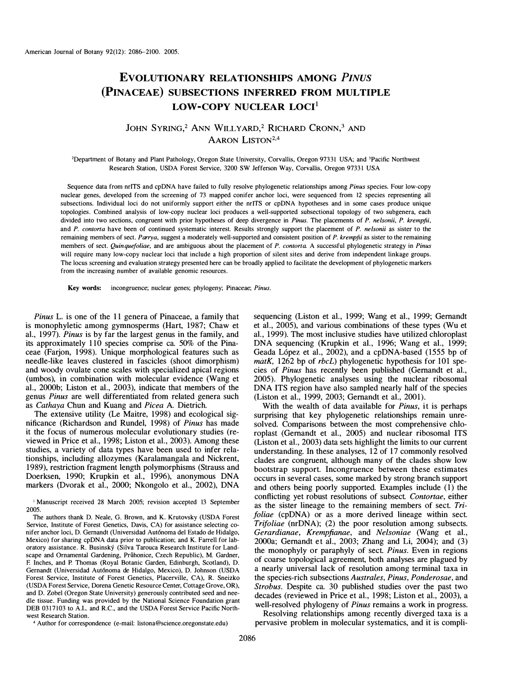 Evolutionary Relationships Among Pinus (Pinaceae) Subsections Inferred from Multiple Low-Copy Nuclear Loci1