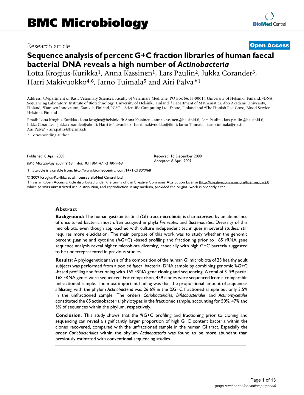 Sequence Analysis of Percent G+ C Fraction Libraries of Human Faecal