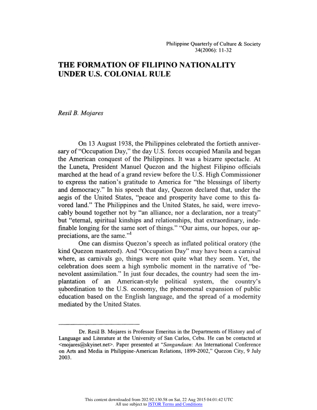 The Formation of Filipino Nationality Under U.S