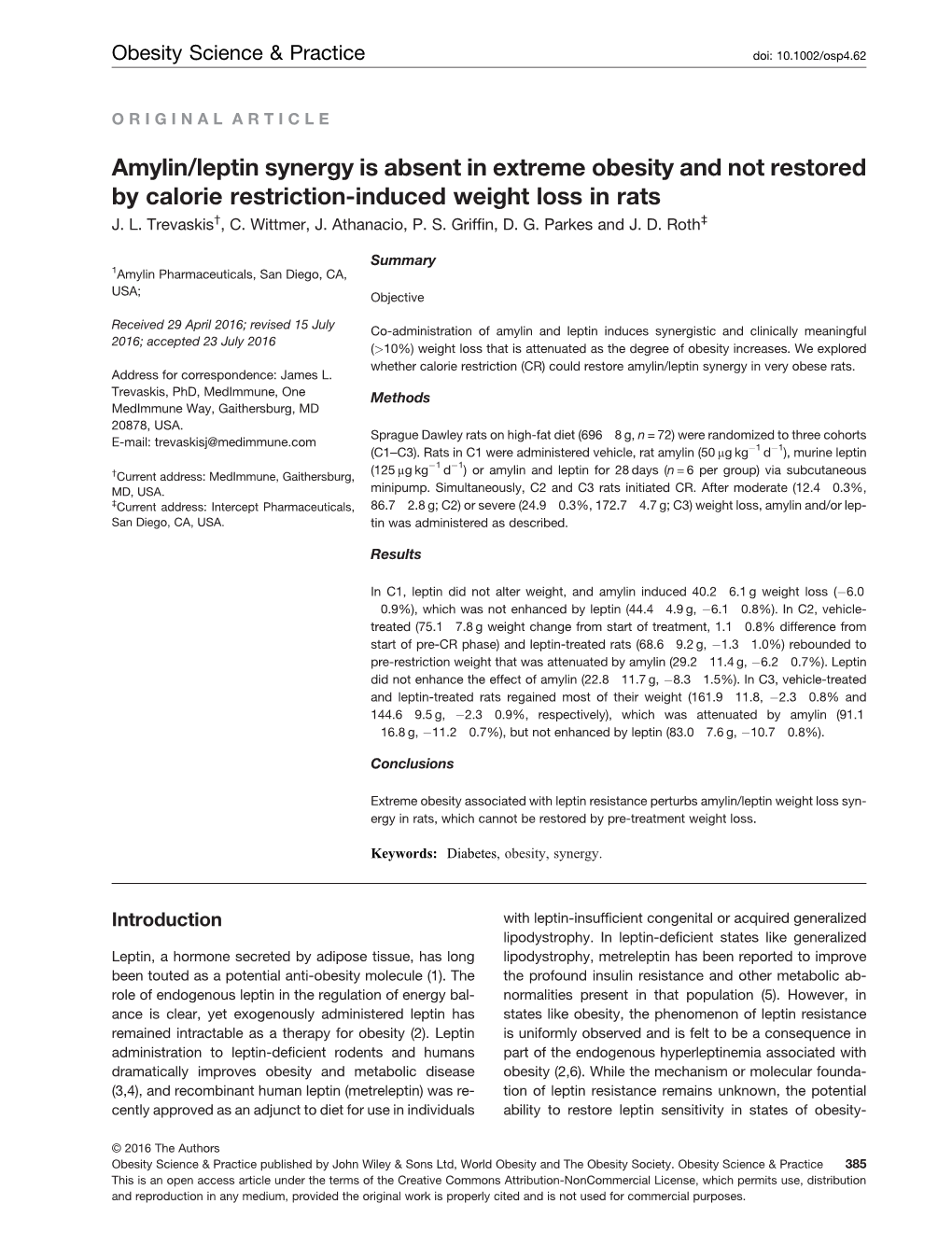 Amylin/Leptin Synergy Is Absent in Extreme Obesity and Not Restored by Calorie Restriction-Induced Weight Loss in Rats J