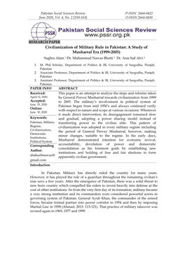 1 Civilianization of Military Rule in Pakistan: a Study of Musharraf Era (1999-2005) Sughra Alam 1 Dr