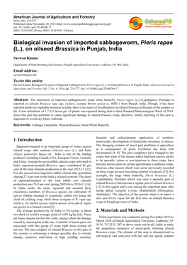 Biological Invasion of Imported Cabbageworm, Pieris Rapae (L.), on Oilseed Brassica in Punjab, India