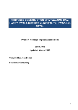 Proposed Construction of Mtwalume Dam, Harry Gwala District Municipality, Kwazulu- Natal