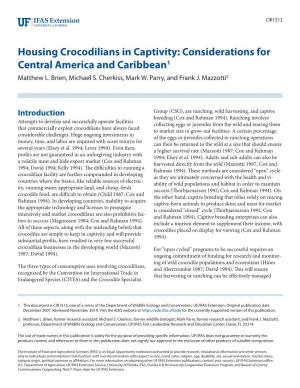 Housing Crocodilians in Captivity: Considerations for Central America and Caribbean1 Matthew L