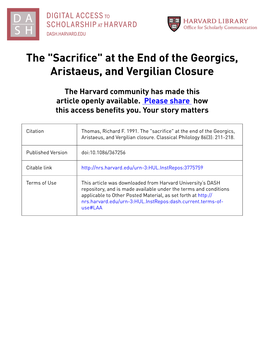 The "Sacrifice" at the End of the Georgics, Aristaeus, and Vergilian Closure