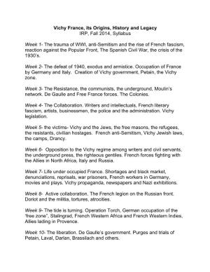 Vichy France, Its Origins, History and Legacy IRP, Fall 2014, Syllabus