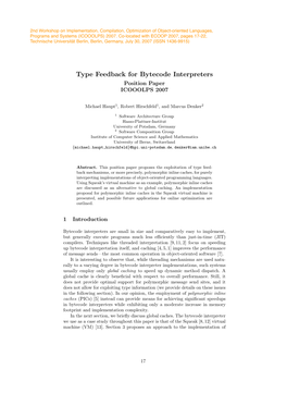 Type Feedback for Bytecode Interpreters Position Paper ICOOOLPS 2007