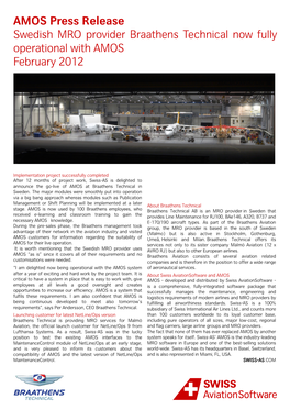 AMOS Press Release Swedish MRO Provider Braathens Technical Now Fully Operational with AMOS February 2012