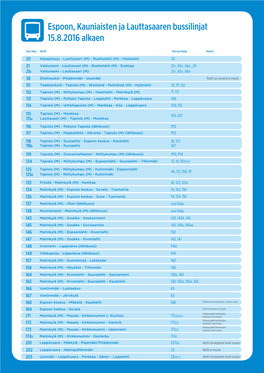 Espoon, Kauniaisten Ja Lauttasaaren Bussilinjat 15.8.2016 Alkaen