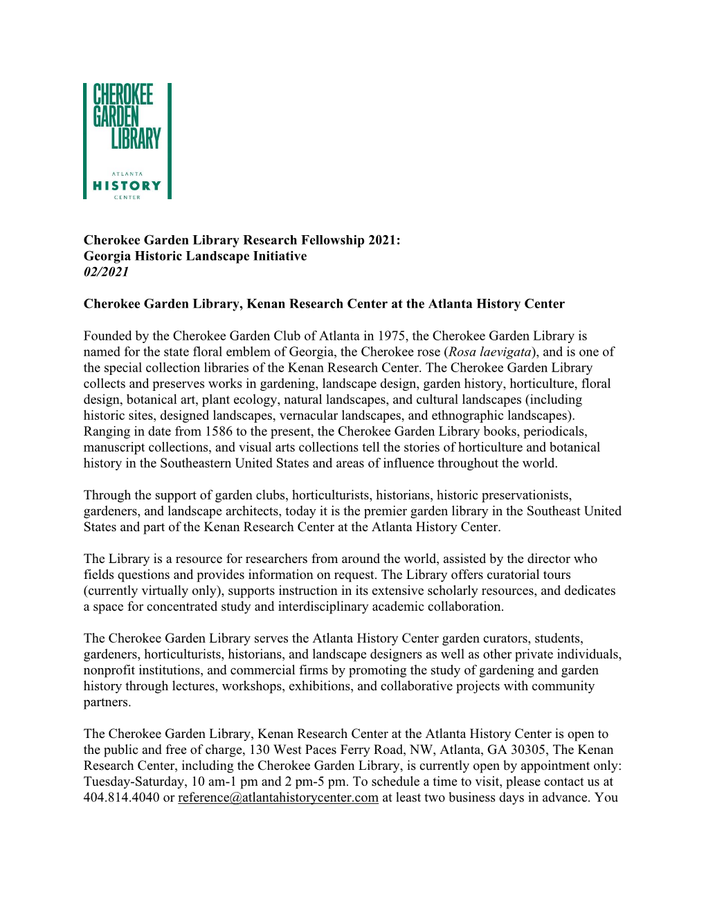Cherokee Garden Library Research Fellowship 2021: Georgia Historic Landscape Initiative 02/2021