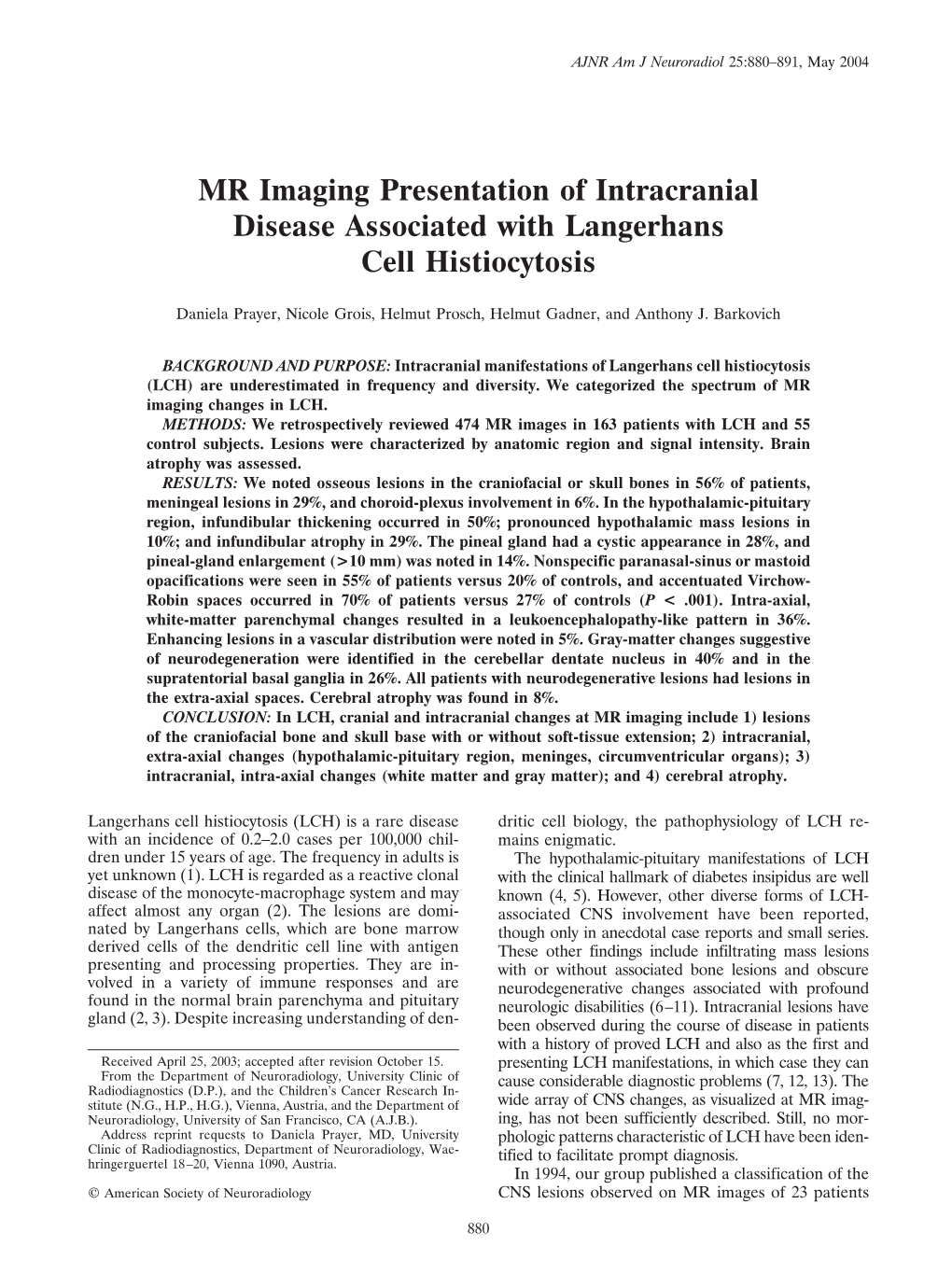 MR Imaging Presentation of Intracranial Disease Associated with Langerhans Cell Histiocytosis